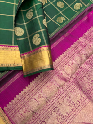 Kattam and Buttas on Kanchivaram - traditional meenakshi green and majentha with mayil chackaram buttas