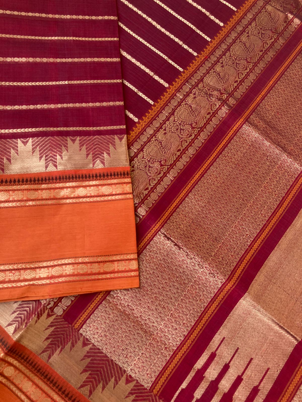 Zari Kissed Silk Cotton - stunning deep maroon and orange veldhari