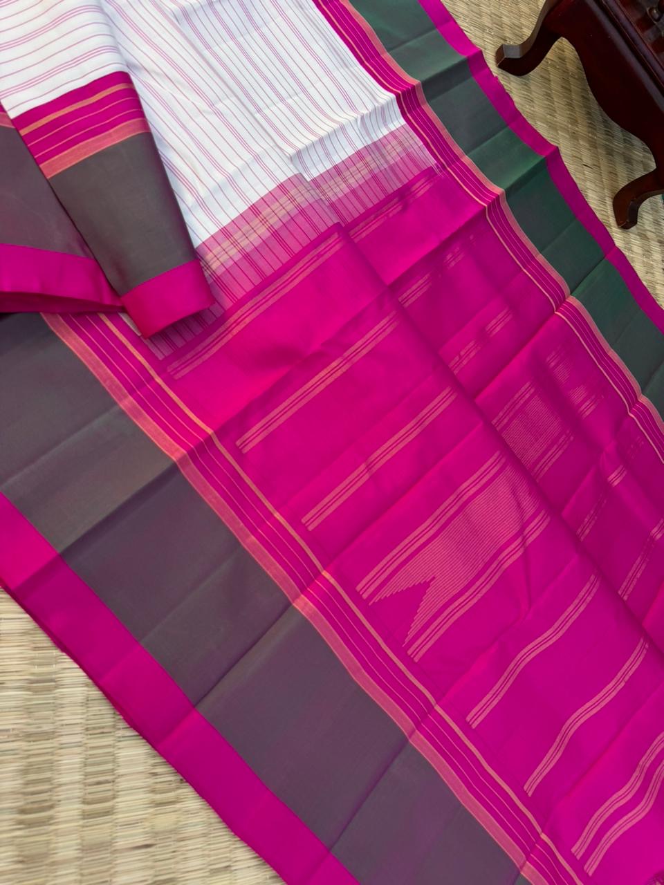 Recipe of Rarest Korvai Kanchivaram - off white stripes woven body with pink and short green korvai borders