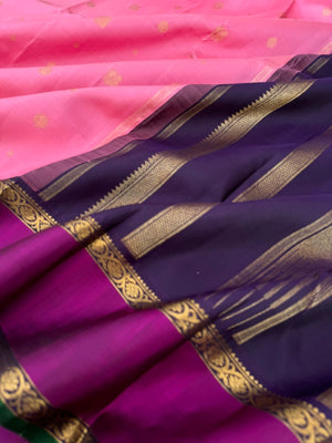 Kamakshi - Heirloom Korvai Kanchivaram - a dusky pink and navy blue pallu and blouse with retta pett woven borders