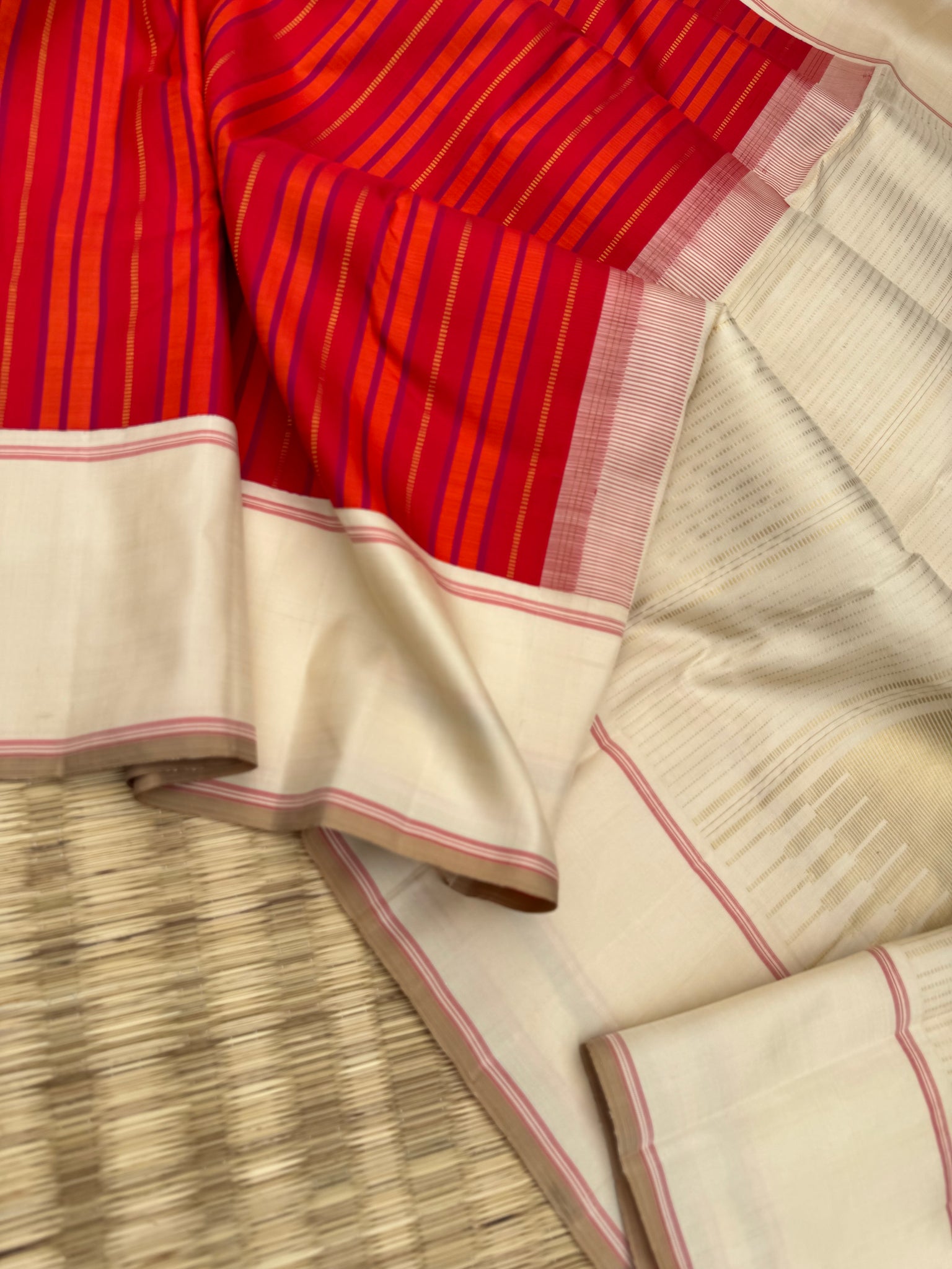 Album Vidhyasam - stunning red and ivory Korvai Kanchivaram with zari and silk stripes woven body