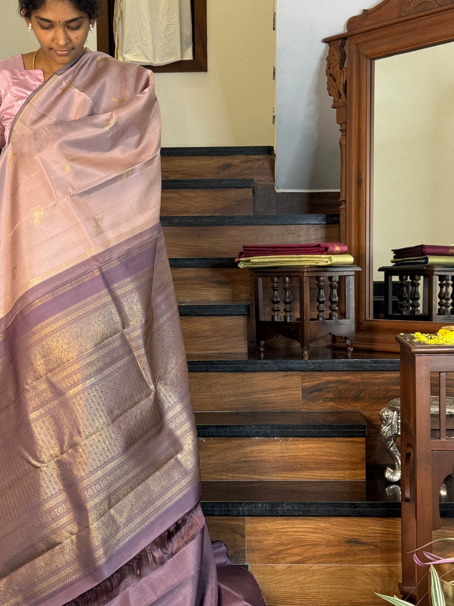 Mohaa - Beautiful Borderless Kanchivaram - a pastel pale rose gold deer buttas