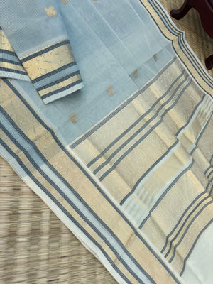 Pastels on Zari Kissed Silk Cotton - the best of best off white and powder blue invisible stripes