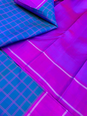 Colour Play on Kanchivaram - Simple and elegant peacock blue and violet kattam kanchivaram