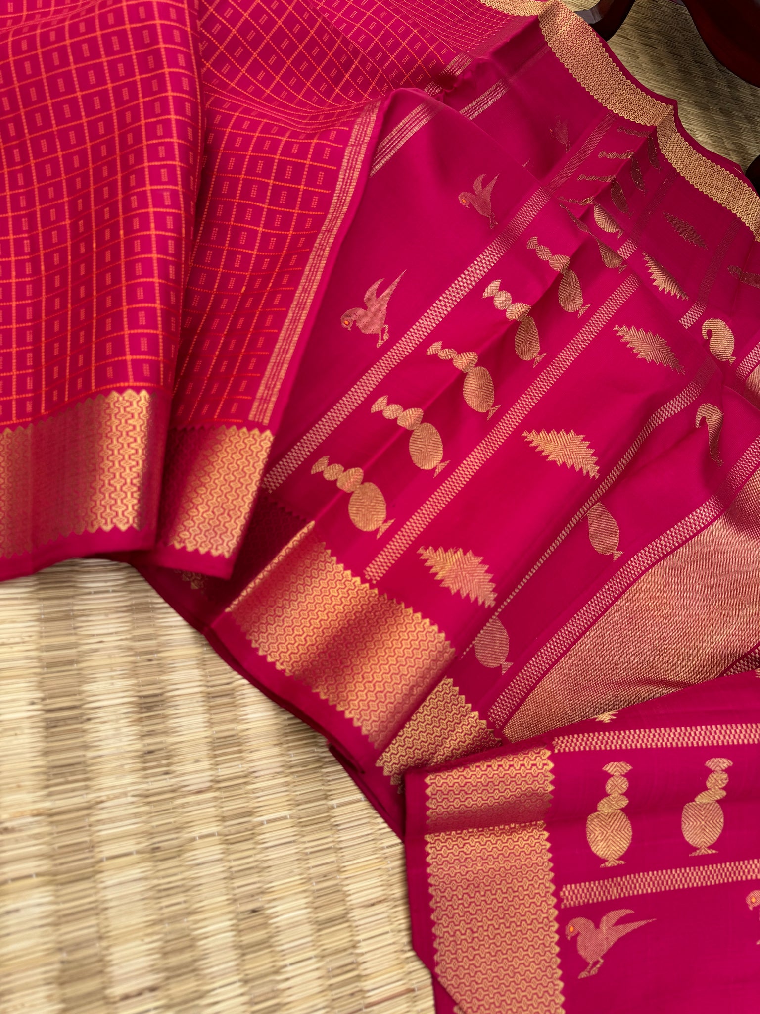 Haritham - Heirloom Yarn Play on Kanchivaram - a gorgeous kum kum red lakshadeepam with bomkai woven pallu and solid gold zari woven borders
