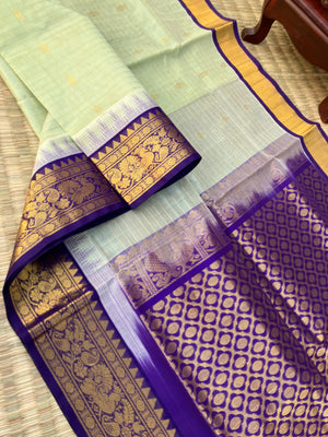 Korvai Silk Cotton - pista ice cream and violet zari kattam