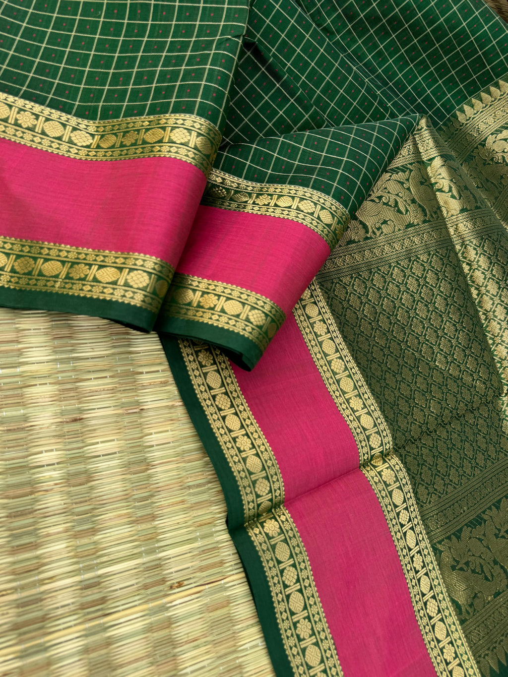 Woven Motifs Silk Cotton - Meenakshi green lakshadeepam