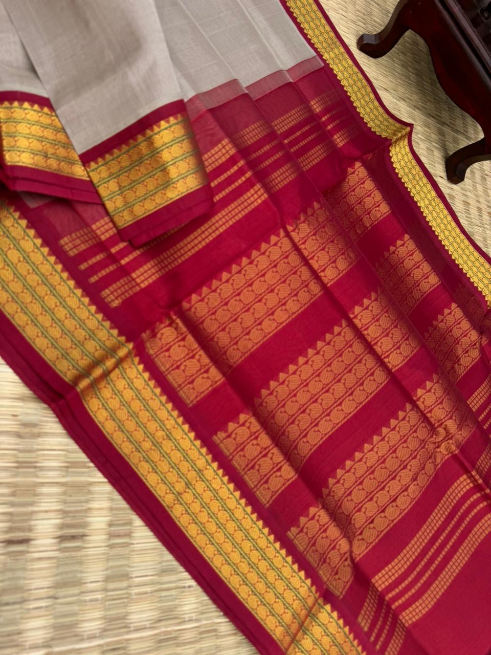 Korvai Silk Cottons - greyish beige and maroon