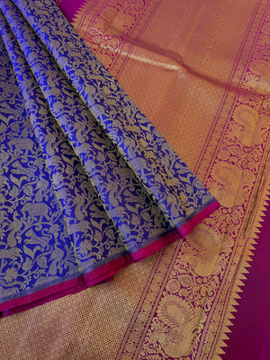 Haritham - Heirloom Yarn Play on Kanchivaram - stunning blue and mustard buttad vanasingaram
