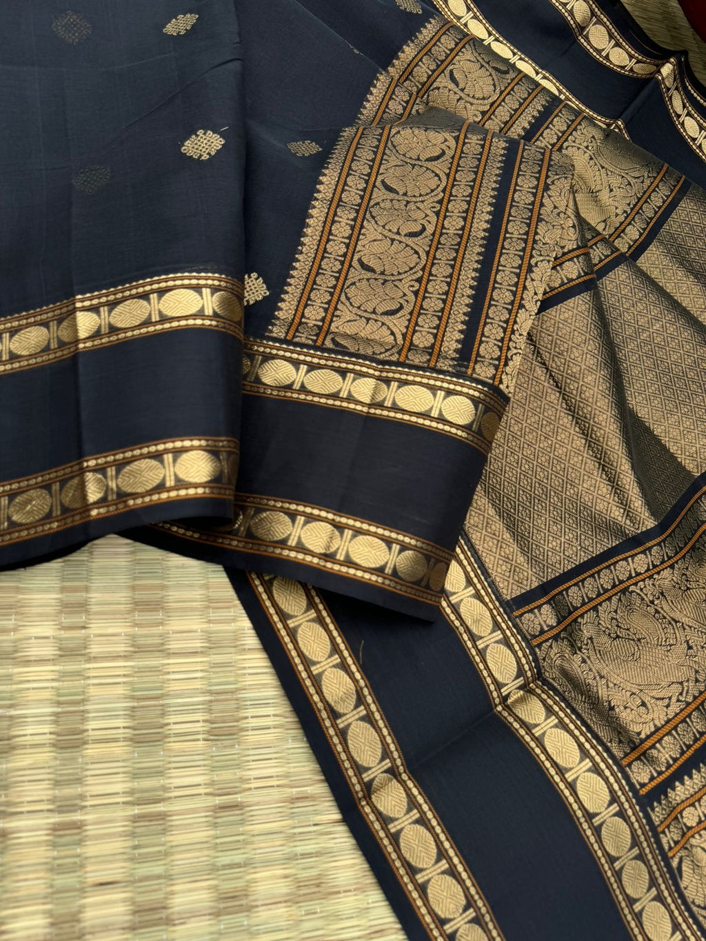 Black Edition of Zari Kissed Silk Cotton - stunning black and gold kolam buttas