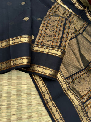 Black Edition of Zari Kissed Silk Cotton - stunning black and gold kolam buttas