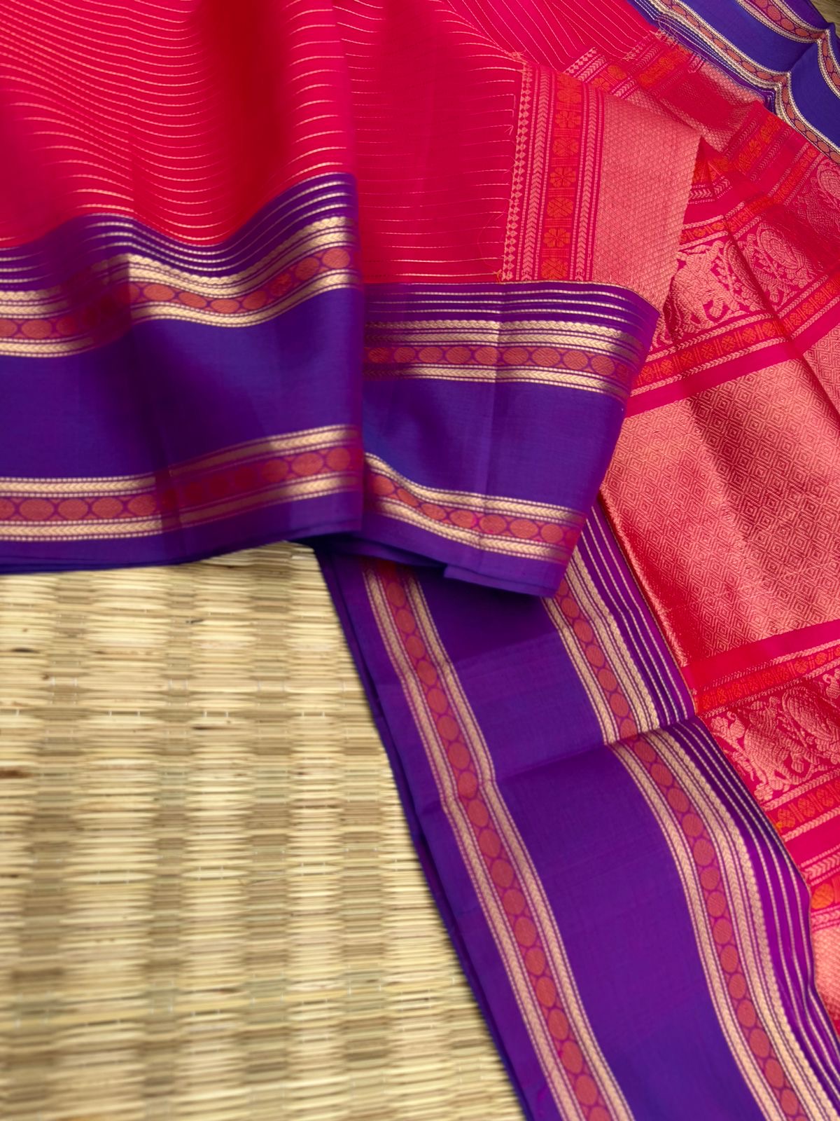 Zari Kissed Silk Cotton -rain pink short red Vairaoosi with traditional borders