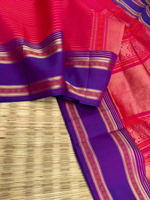Zari Kissed Silk Cotton -rain pink short red Vairaoosi with traditional borders