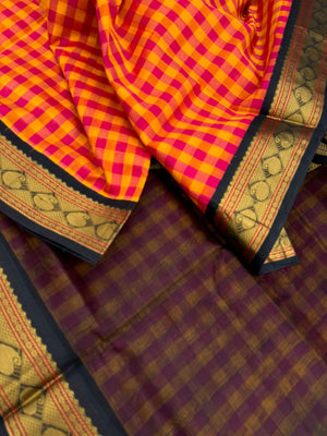 Korvai Silk Cottons - mustard orange and pink kattam woven body with black borders
