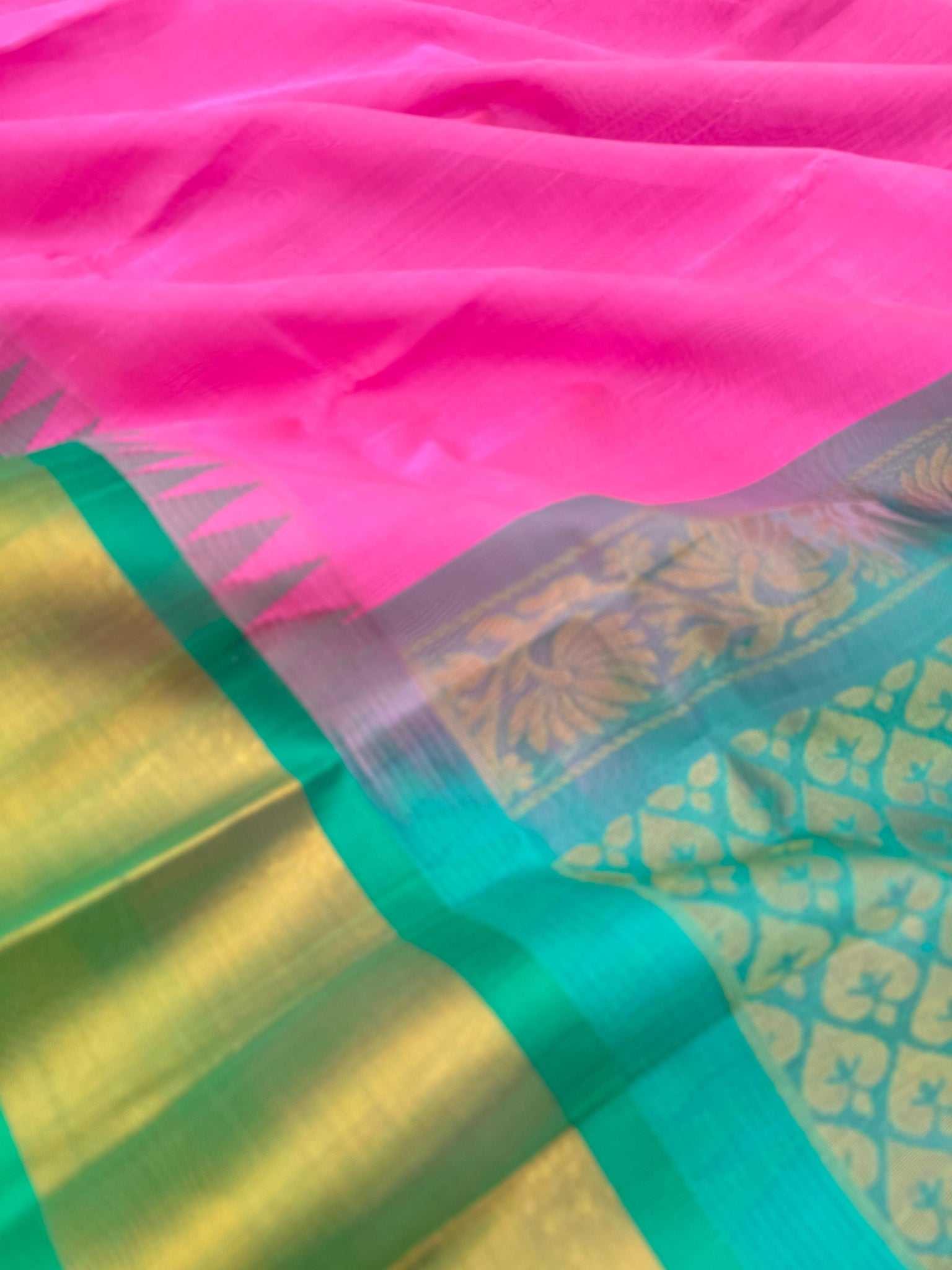Korvai Silk Cottons - candy pink and teal with tissue borders