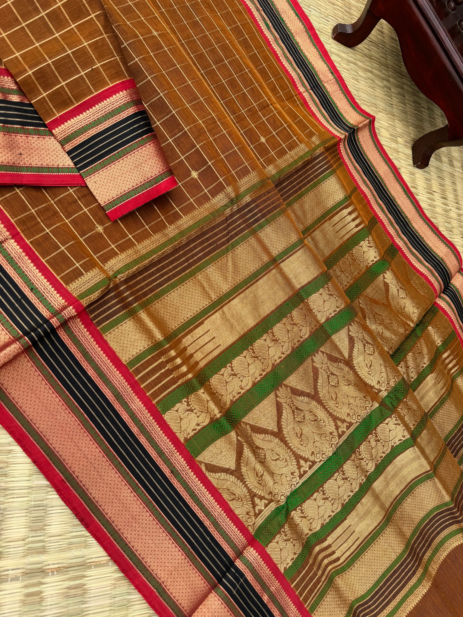 Zari Kissed Silk Cotton - rust chocolate brown with muthu koortha buttas