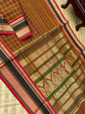 Zari Kissed Silk Cotton - rust chocolate brown with muthu koortha buttas