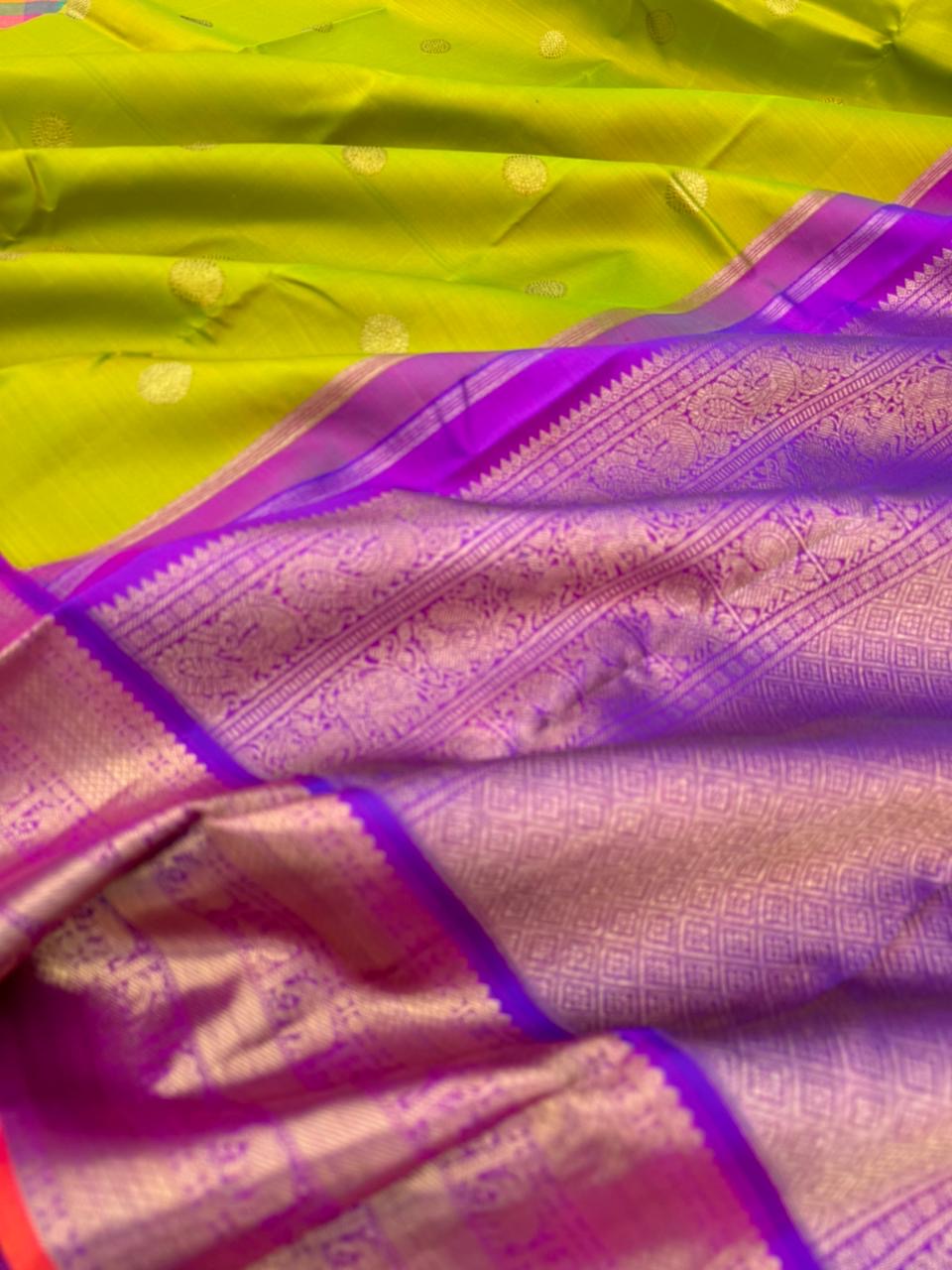 Meenakshi - Heirloom Korvai Kanchivaram - Stunning jewel tone fresh green and violet with sold borders