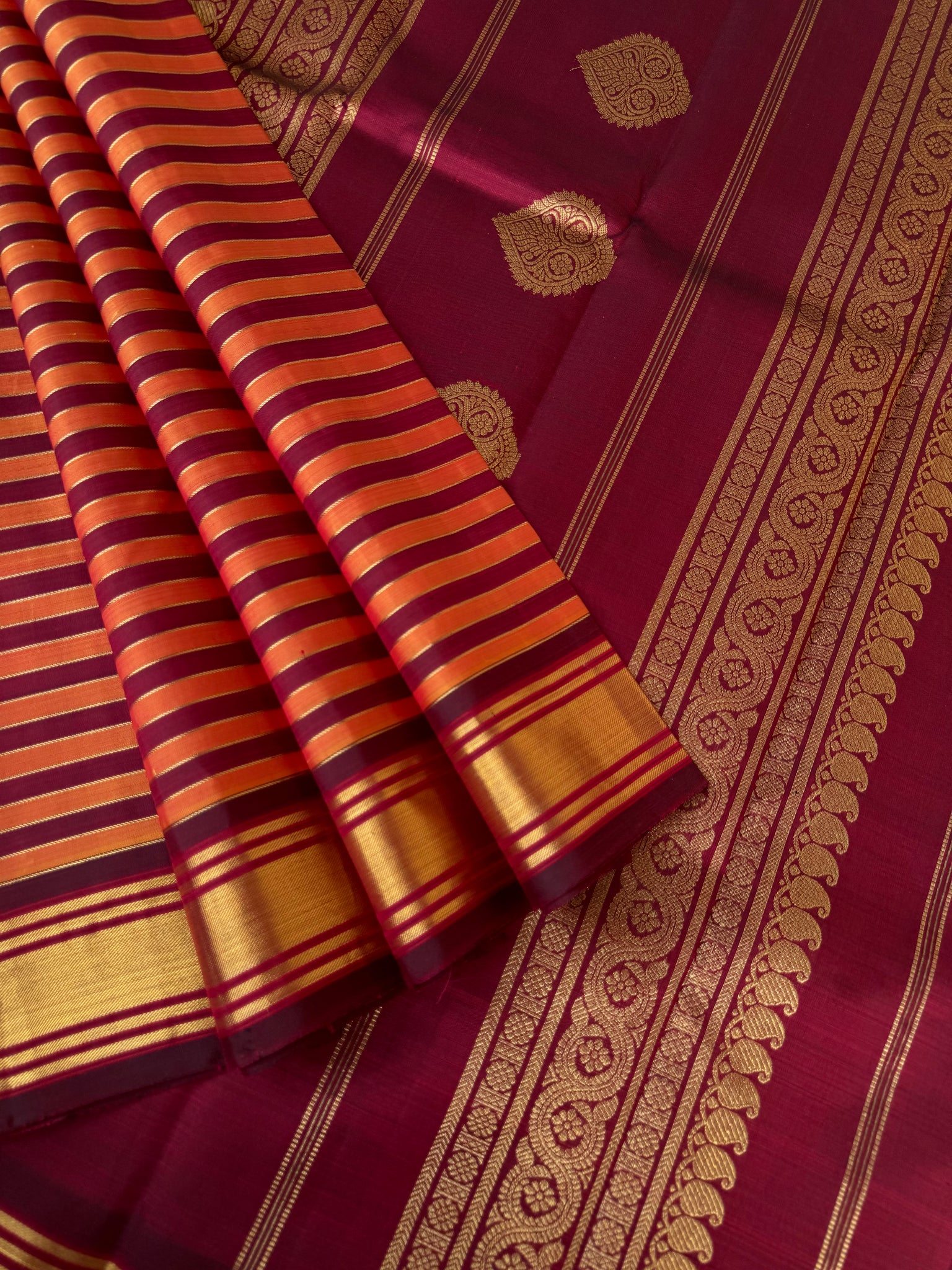 Vintage Ragas on Korvai Kanchivaram - burnt orange and aaraku strips woven body with vintage pallu