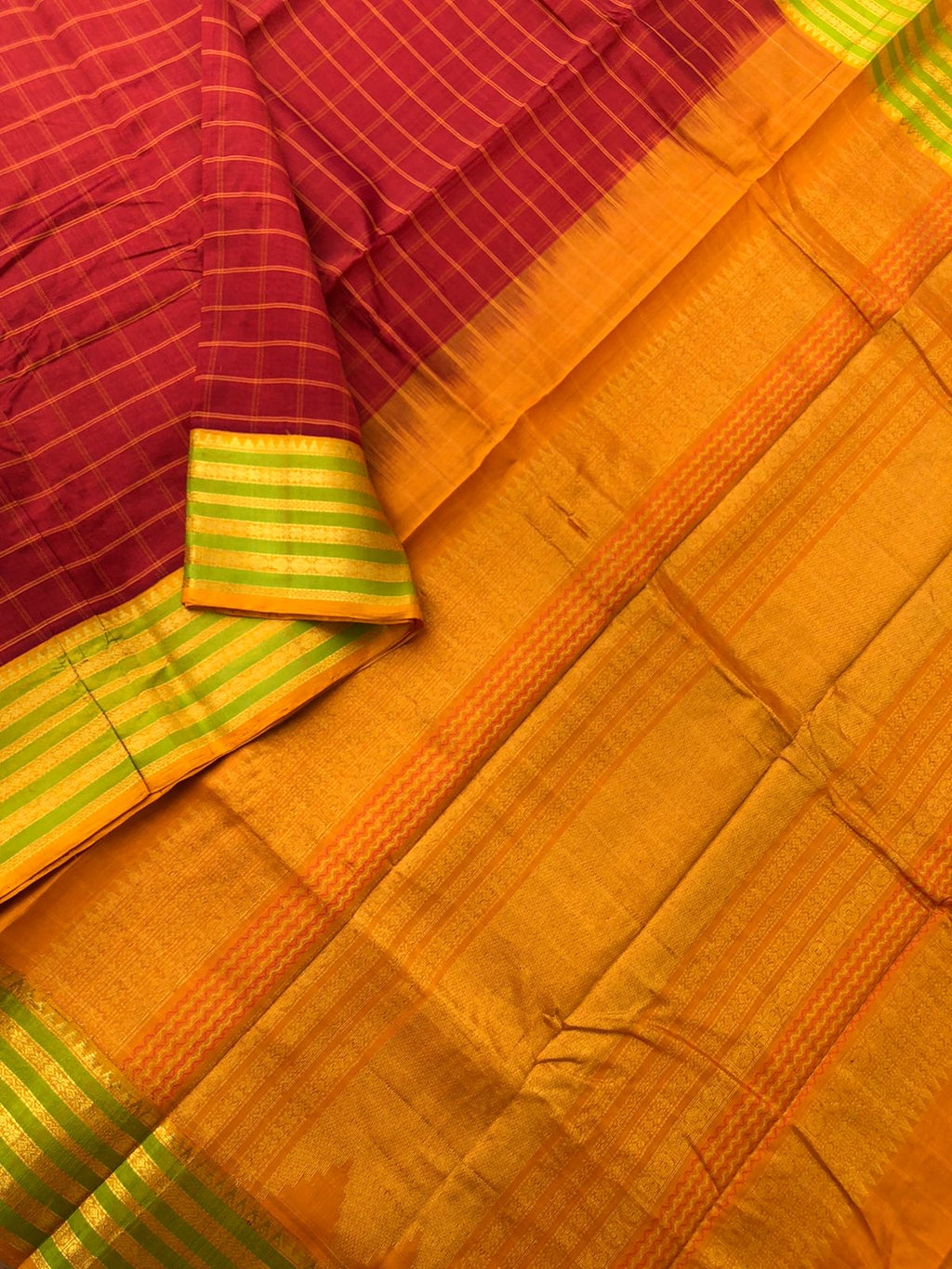 Divyam - Korvai Silk Cotton with Pure Silk Woven Borders - rusty brick red and mustard