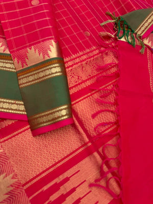 Zari Kissed Silk Cotton - traditional red mixed pink with thalampoo woven borders with kattam buttas woven body
