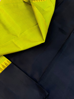 Rarest Korvai Kanchivaram - fresh green and yellow kottadi chex with jet black borders pallu and blouse