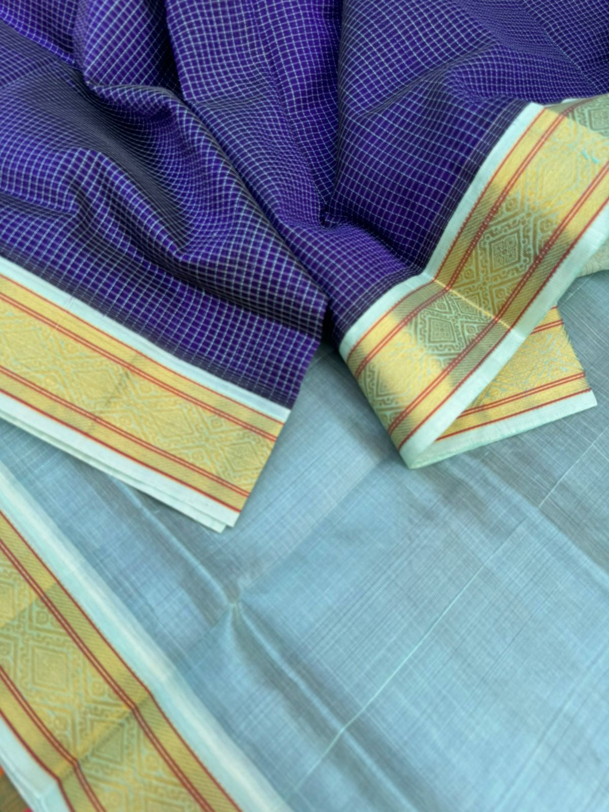 Korvai Silk Cottons - deep navy blue podi kattam with ice blue pallu and blouse