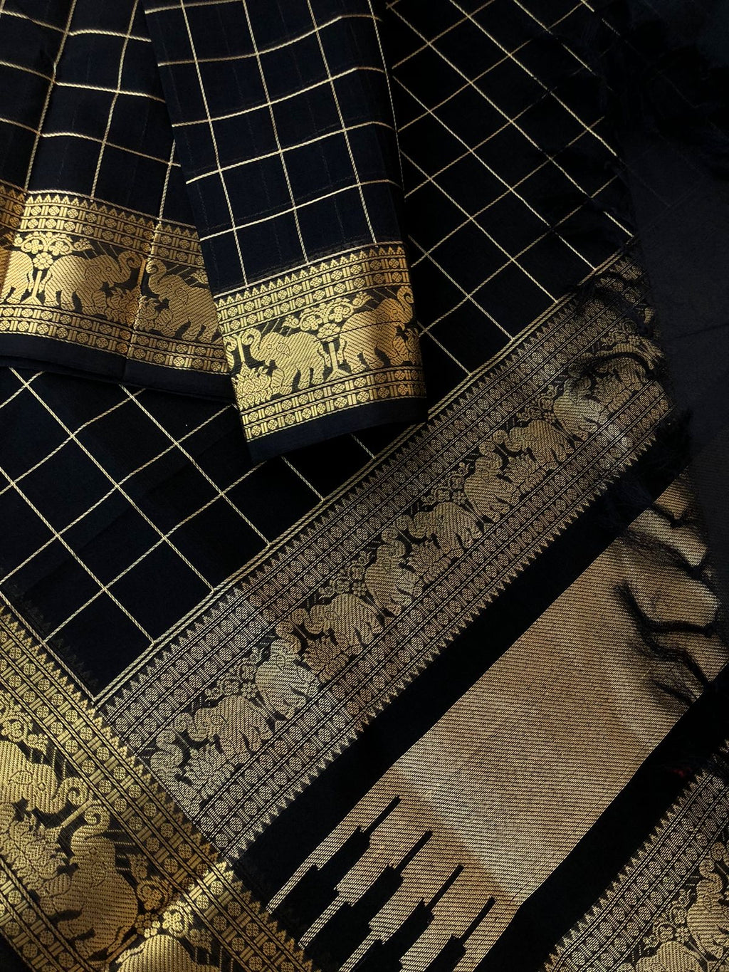 Zari Kissed Silk Cotton - stunning deep black muthukattam with short pallu