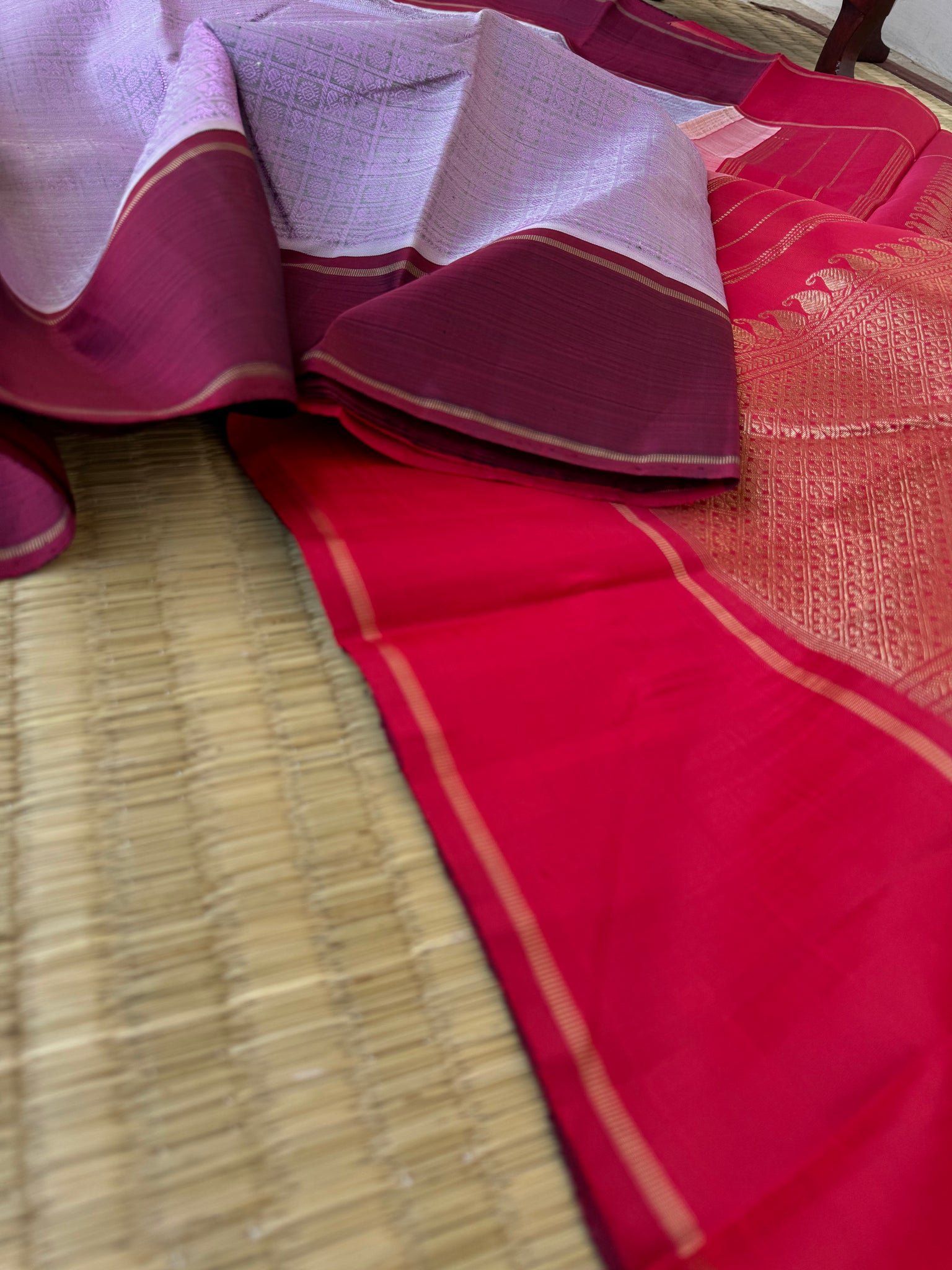 Haritham - Heirloom Yarn Play on Kanchivaram - unusual pale pastel lavender intricate 1000 buttas with red pallu and blouse