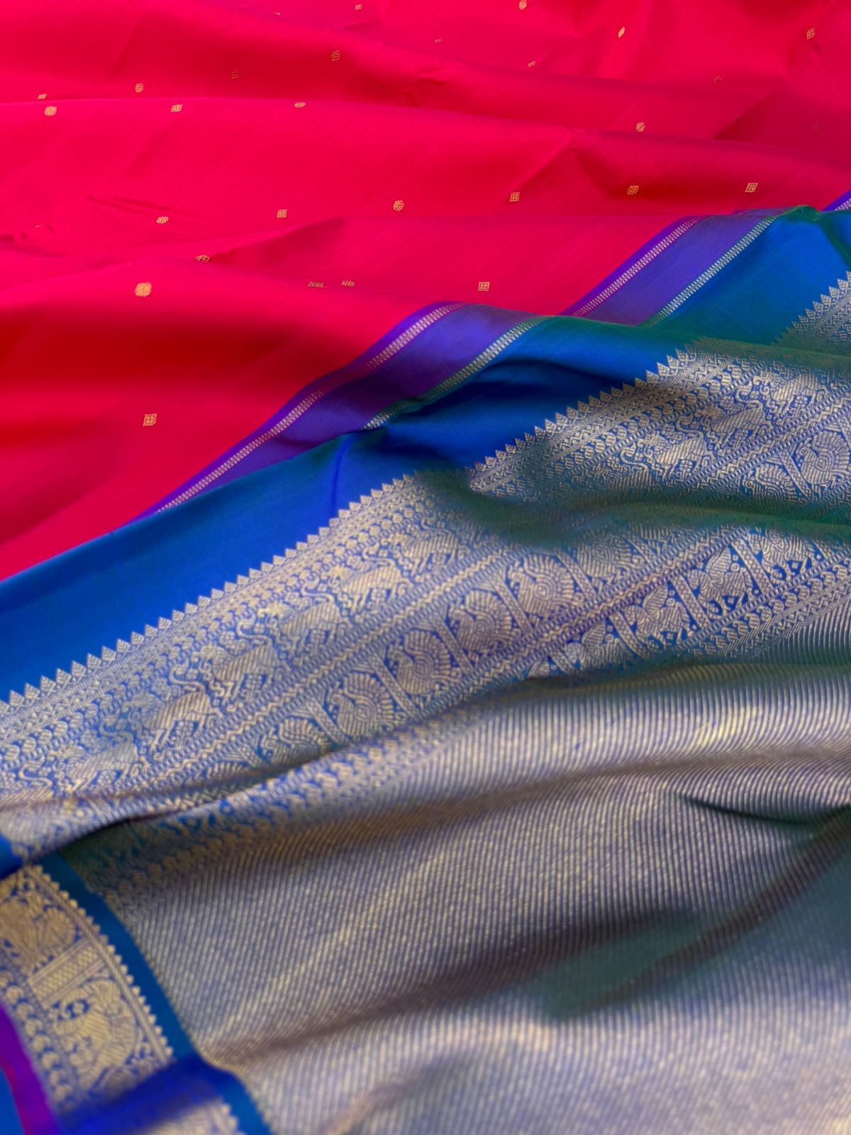 Kamakshi - Heirloom Korvai Kanchivaram - most beautiful red pink with peacock blue green pallu and blouse for people who love small borders