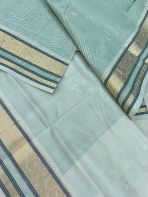 Pastels on Zari Kissed Silk Cotton - pastel pista green best part is the body has a invisible strips will give a gorgeous look when draped