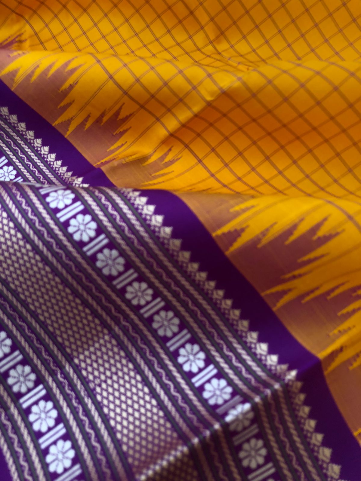 Sahasra - Stunning No Zari Korvai Kanchivarams - amazing mango yellow chex woven body and deep purple varusai pett woven borders