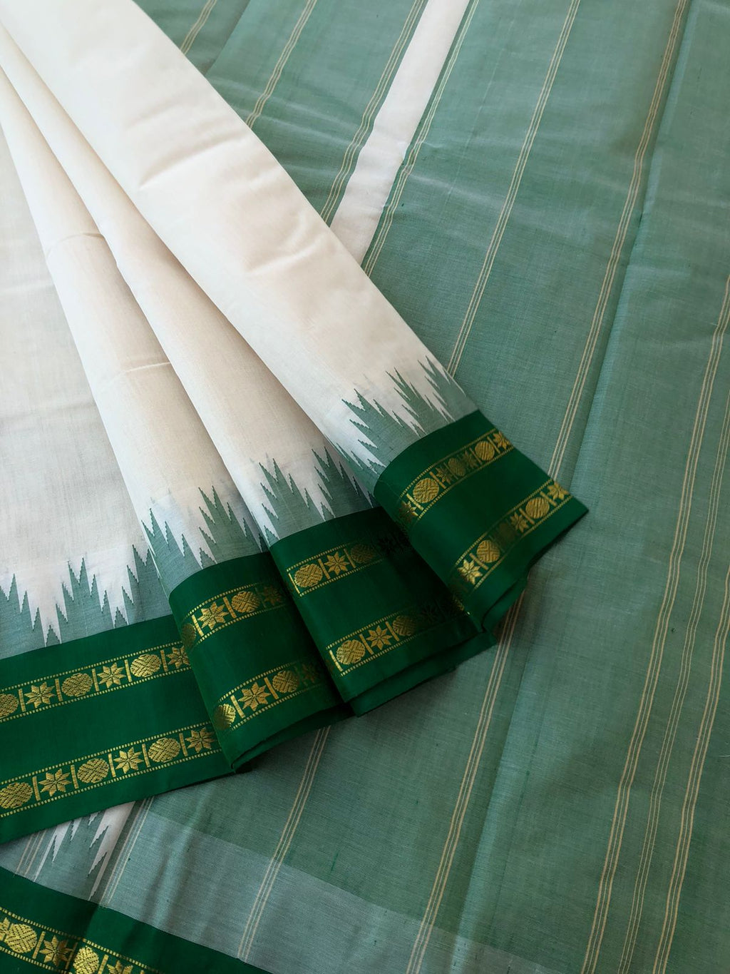 Cotton body with Pure Silk Double Side Korvai Borders - off white and deep dark Meenakshi green