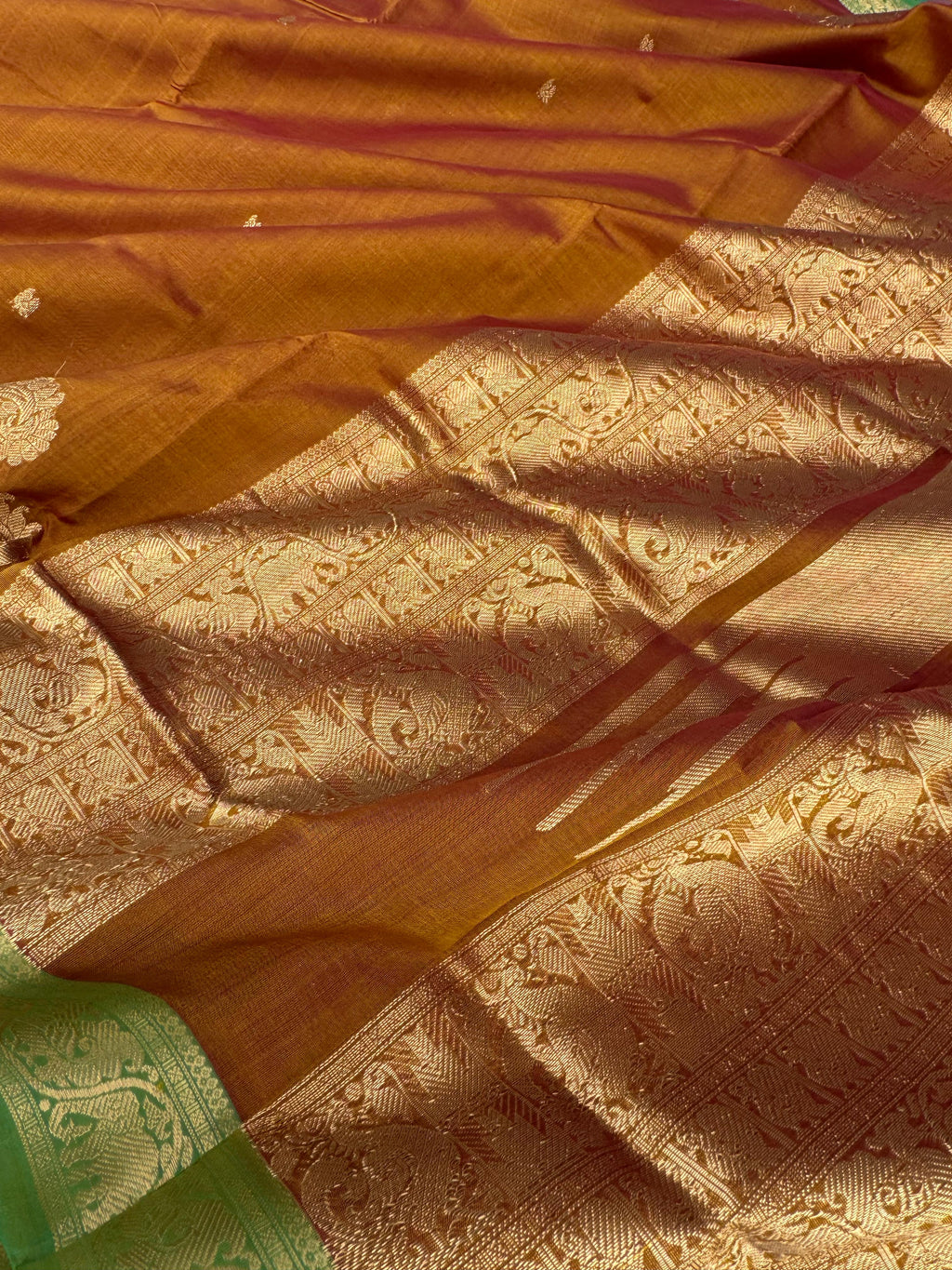 Zari Kissed Silk Cotton - caramel brown with small woven borders