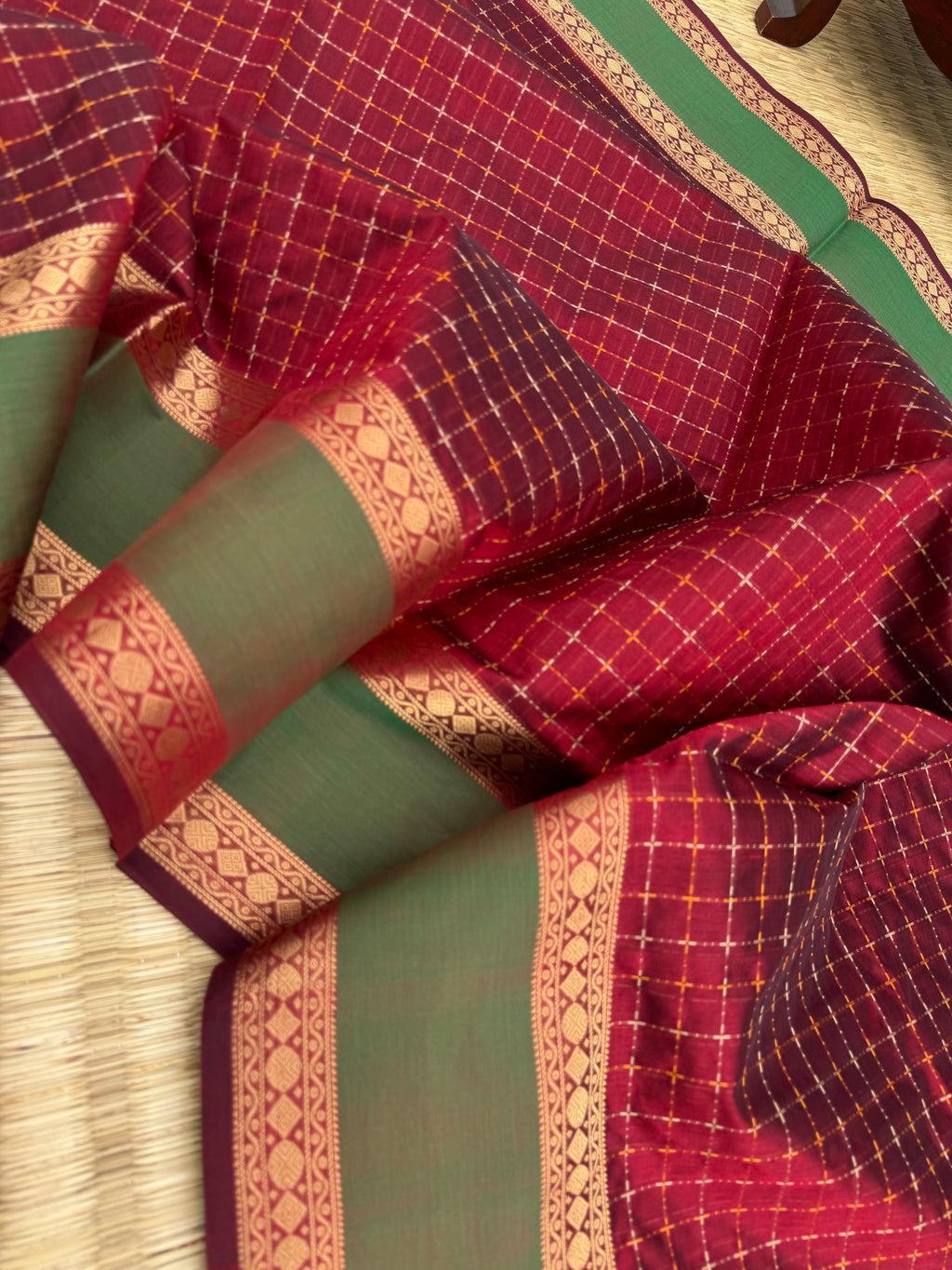 Woven Motifs Silk Cotton - a deep maroon pluse buttas