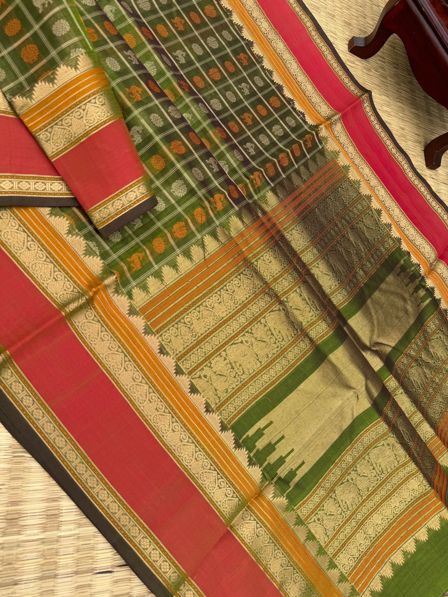 Woven Motifs Silk Cotton - olive green 1000 buttas