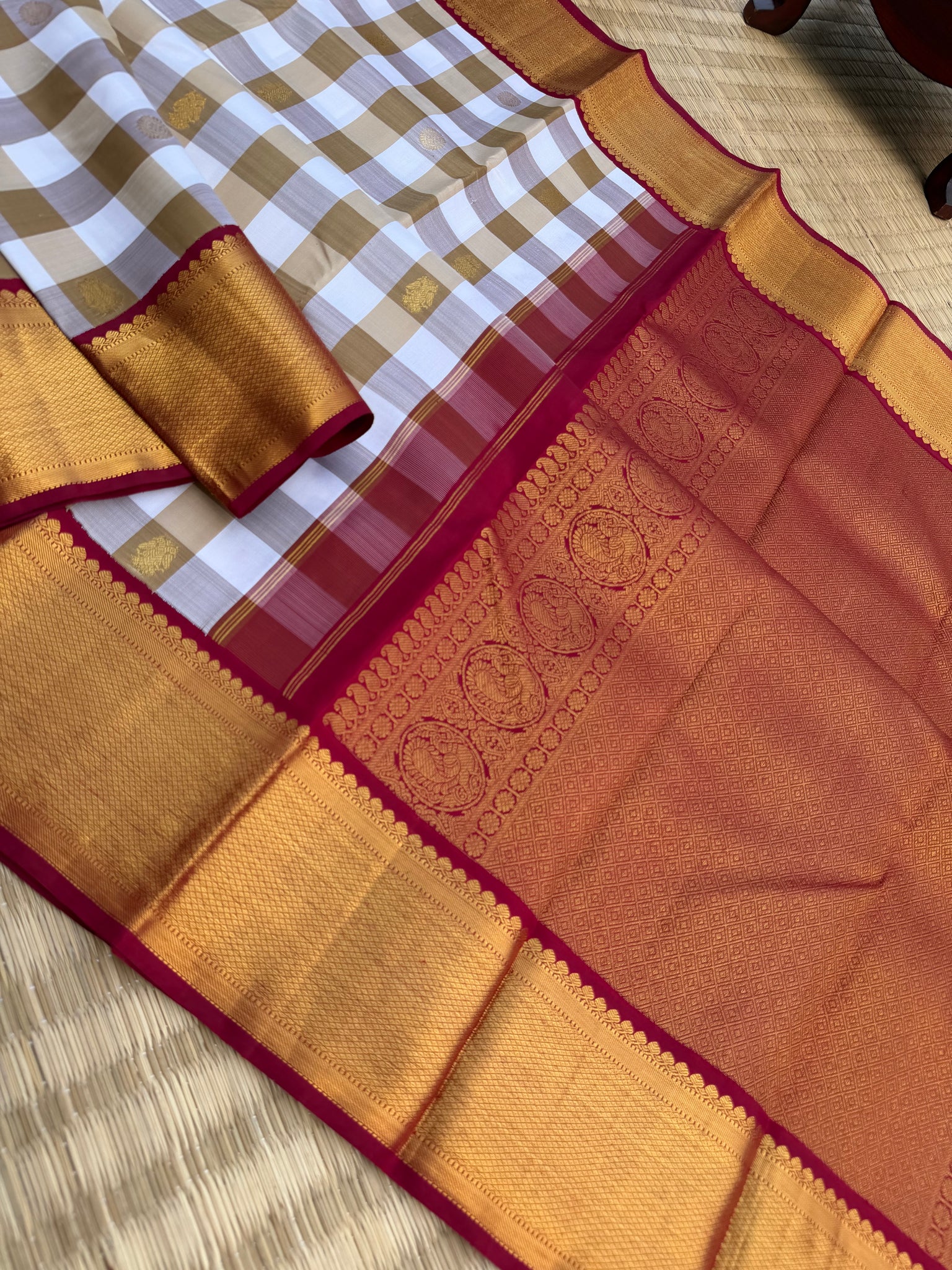 Vintage Ragas on Kanchivarams - beige cookie and off white kattam with ...
