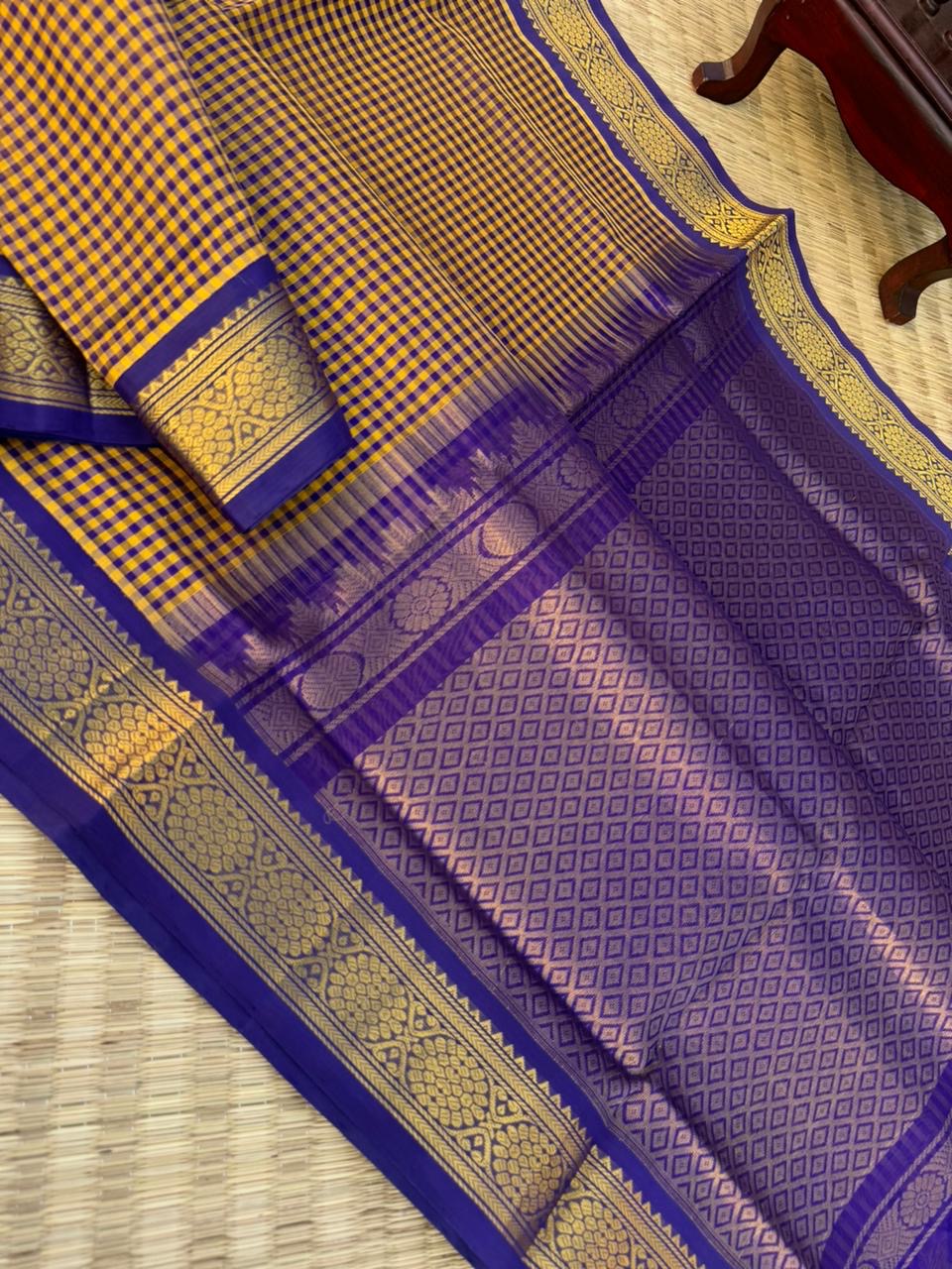 Korvai Silk Cottons - vintage style mustard and blue kottadi kattam