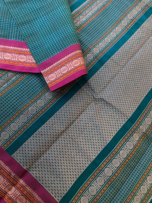 Mangalavastaram - teal blue interlocking woven chec with small woven borders