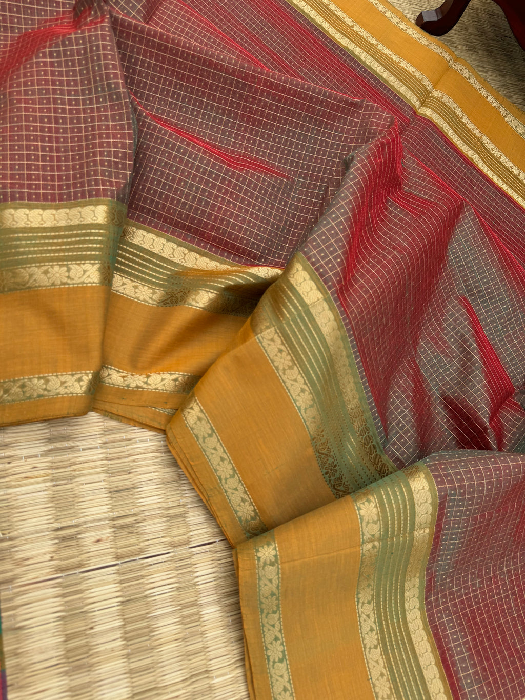 Zari Kissed Silk Cotton - perfect new mango leaf lakshadeepam with long parrots woven pallu