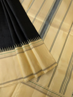 Kaavyam on Korvai Kanchivaram - the vintage beauty of black and cream off white ( venn pattu ) borders pallu and blouse