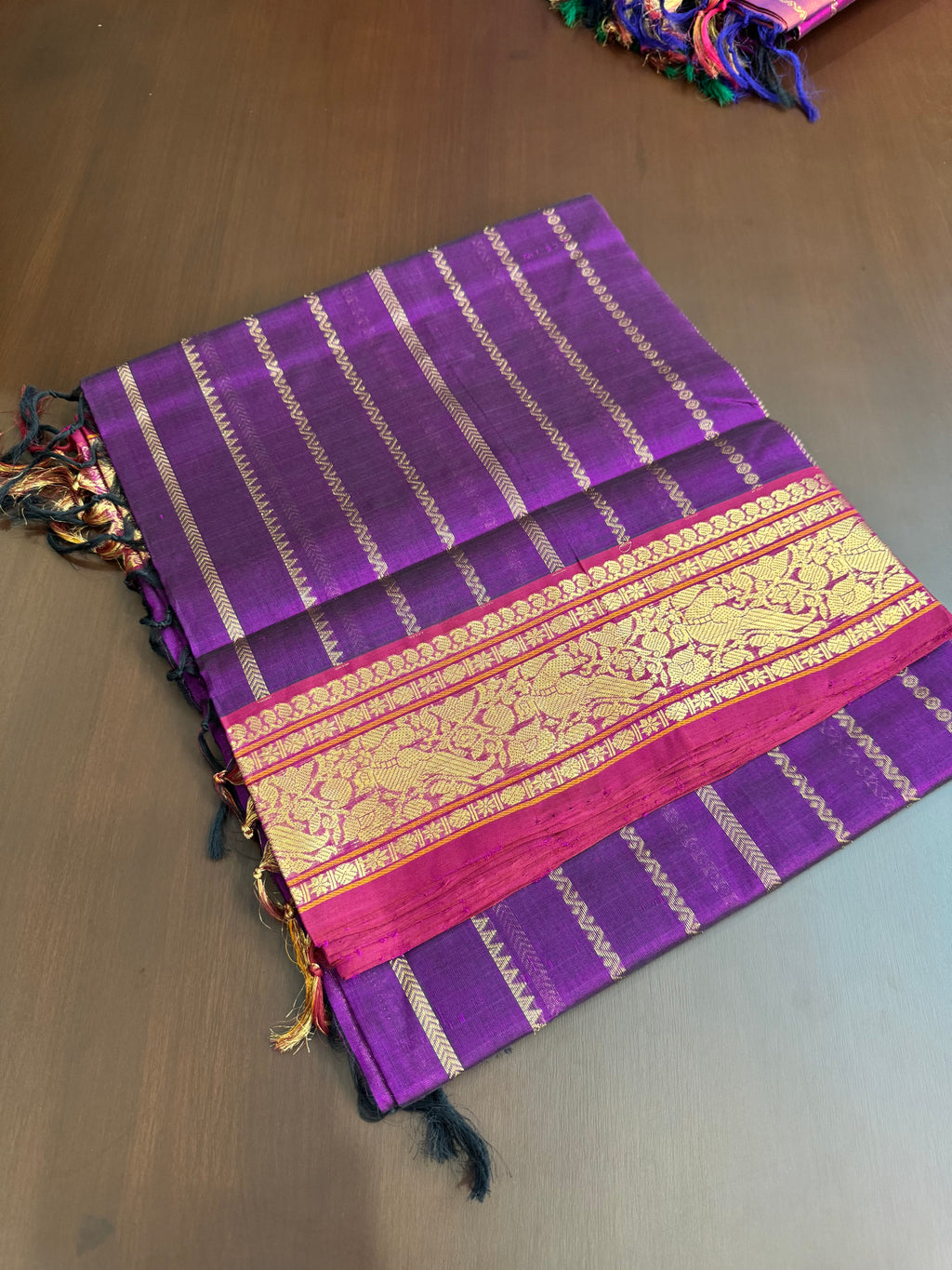 Vertical Veldhari on Zari Kissed Silk Cotton - purple and pink borders