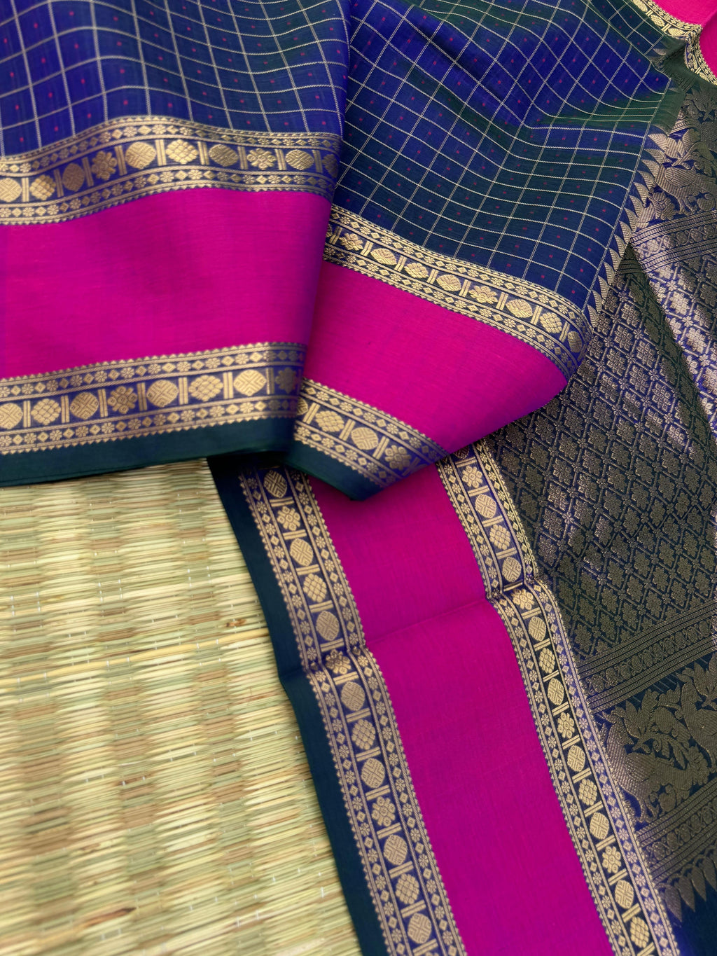 Woven Motifs Silk Cotton - peacock blue green lakshadeepam