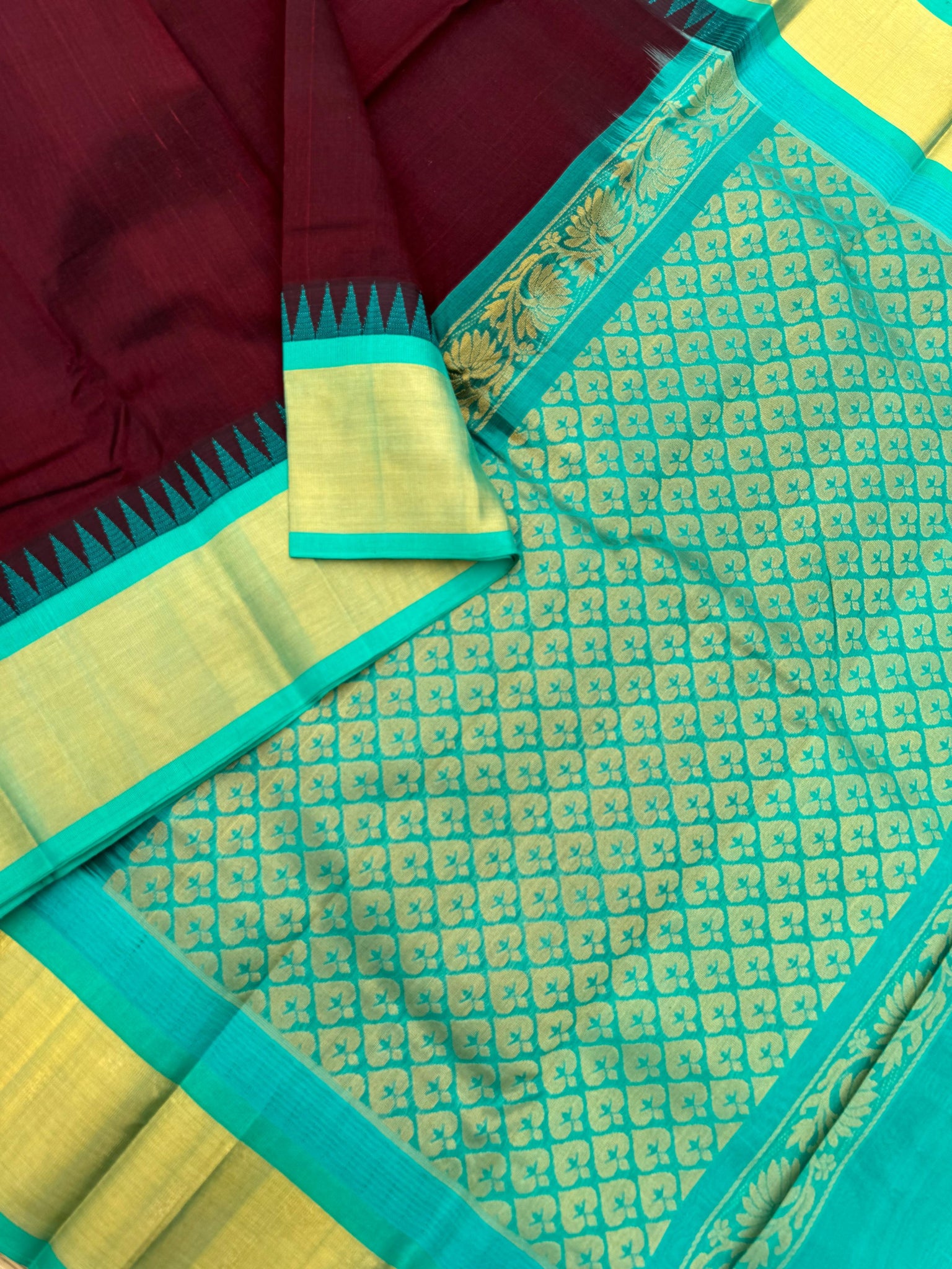 Korvai Silk Cottons - deep maroon and teal with tissue zari woven borders