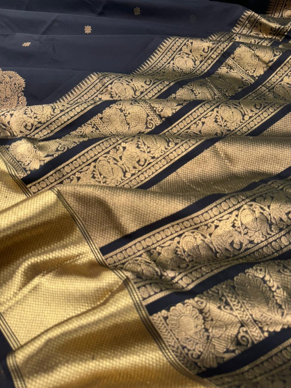 Black Edition of Zari Kissed Silk Cotton - the gorgeous grand black and gold silk cotton with corner buttas and solid borders