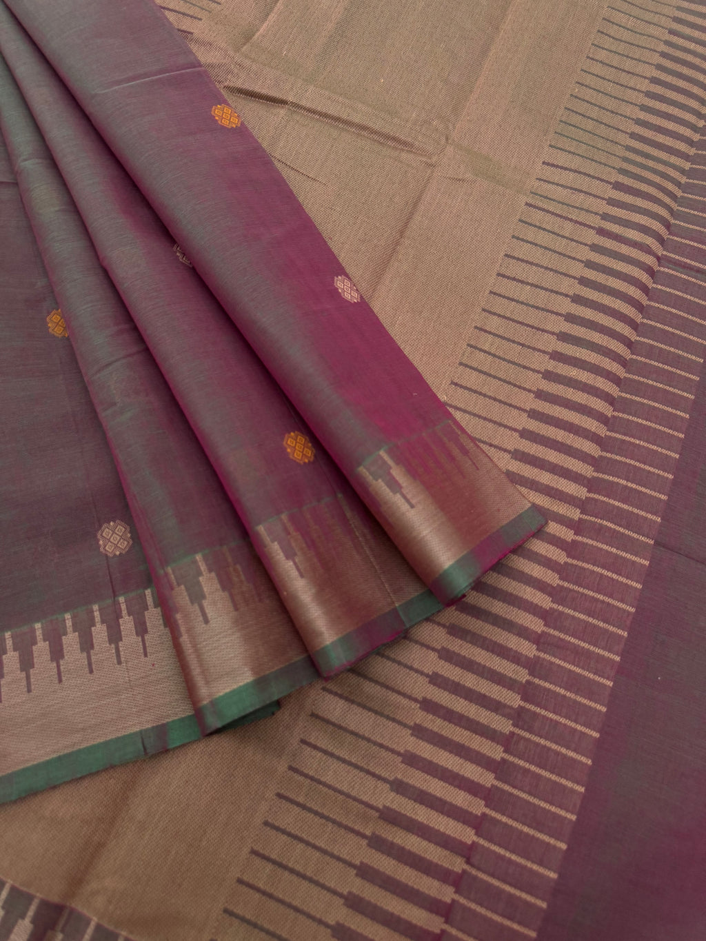 Corporate Style Mangalavastaram - deep pink short green dual tone temple woven borders