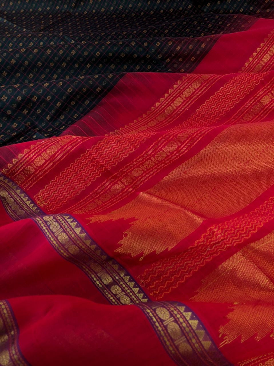 Woven Motifs Silk Cotton - deepest kaarum paachai black Lakshadeepam
