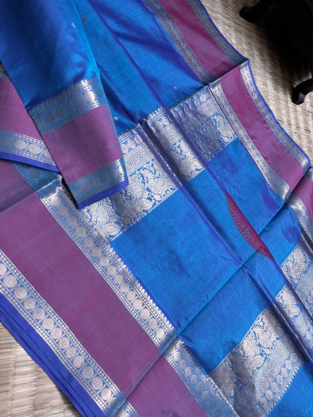 Zari Kissed Silk Cotton -different blue with center buttas woven pallu
