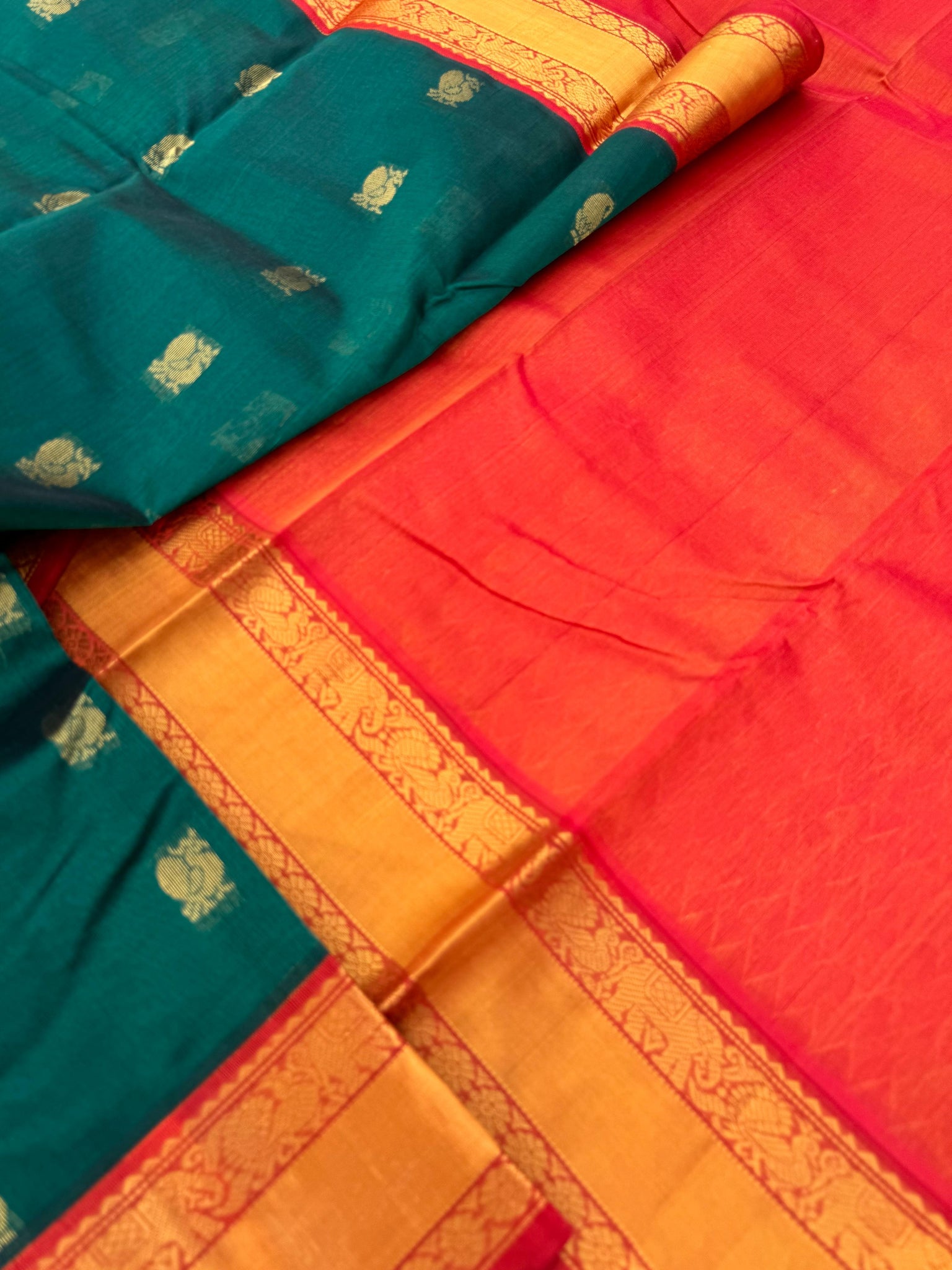 Korvai Silk Cottons - forest green and rust