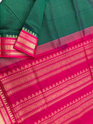 Korvai Silk Cottons - Meenakshi green and pink zari kattam